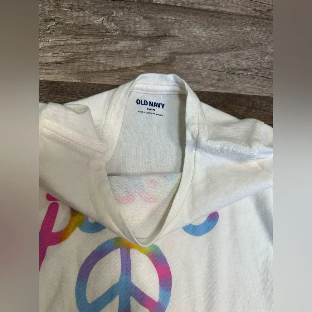 Old Navy Girls Seek Peace Graphic Long Sleeve Tee Cream Rainbow Peace Sign S 6-7